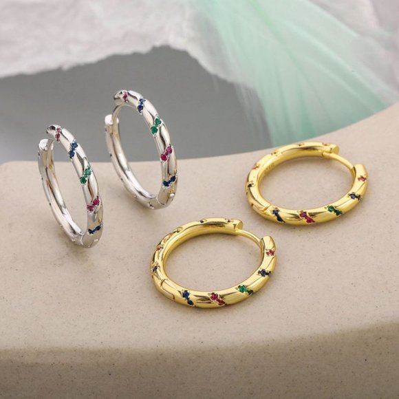 #NEW 925 Sterling Silver Colorful Diamond Round Hoop Earrings - Picture 6 of 6